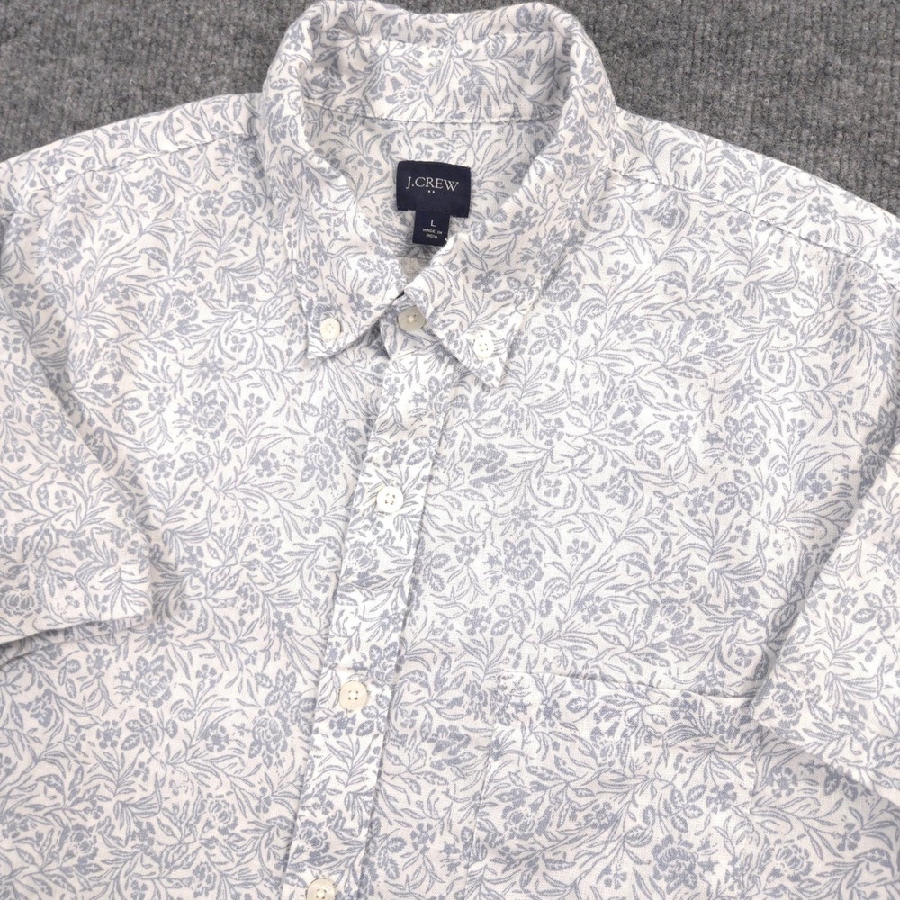 J Crew Shirt Mens L White Pastel Blue Floral AOP Linen Blend Short Sleeve Preppy